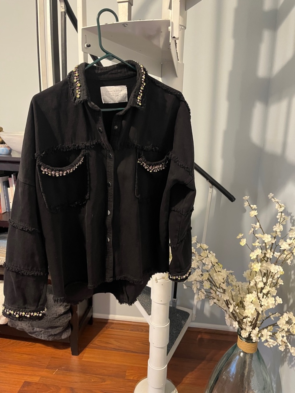 Zara Woman Black Rhinestone Embellished Button-Up Shirt Jacket XL